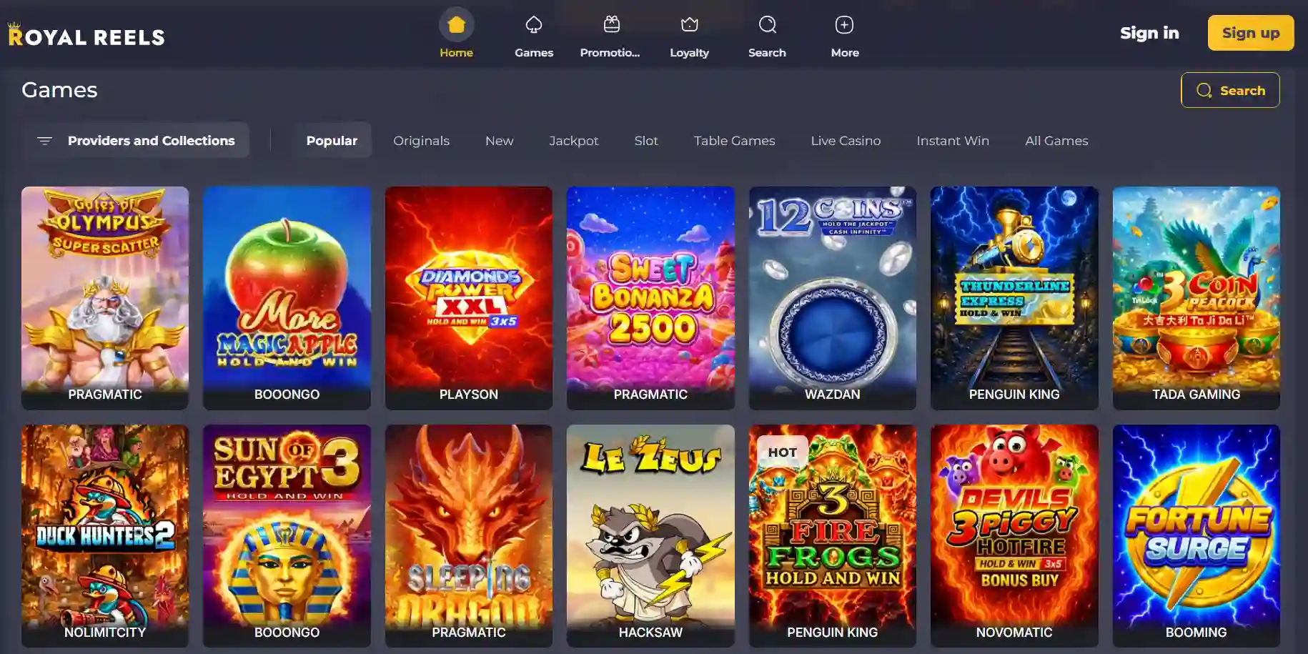 Current Royal Reels Australia-facing homepage and navigation